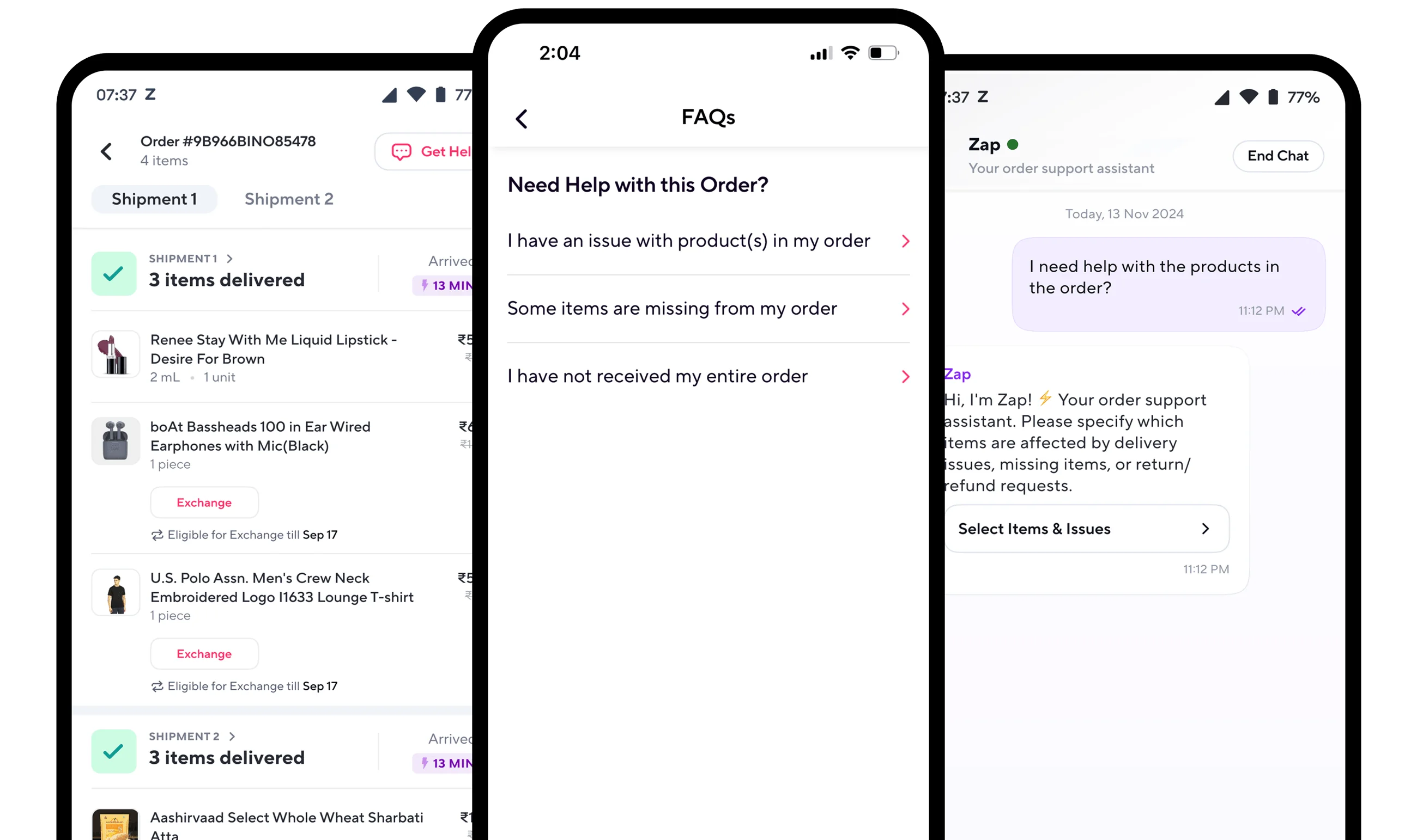 Zepto in-app customer support screens